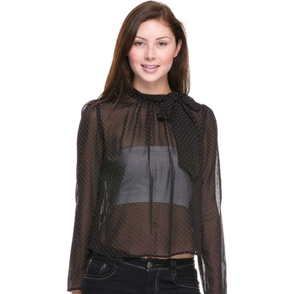 Womens Sheer Black Polka Dot Bow Tie Neck Blouse